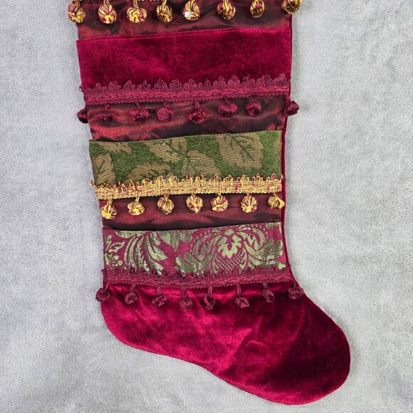 Luxurious Red & Green Velvet Christmas Stocking Multiple Pockets 33" Tall - Picture 4 of 8